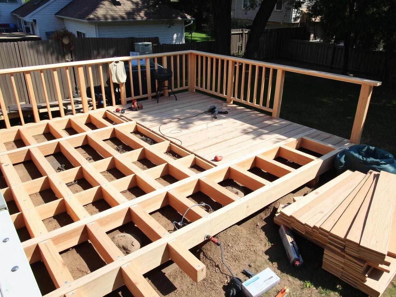 Aging deck being replaced with new framing and decking boards in Northern Virginia
